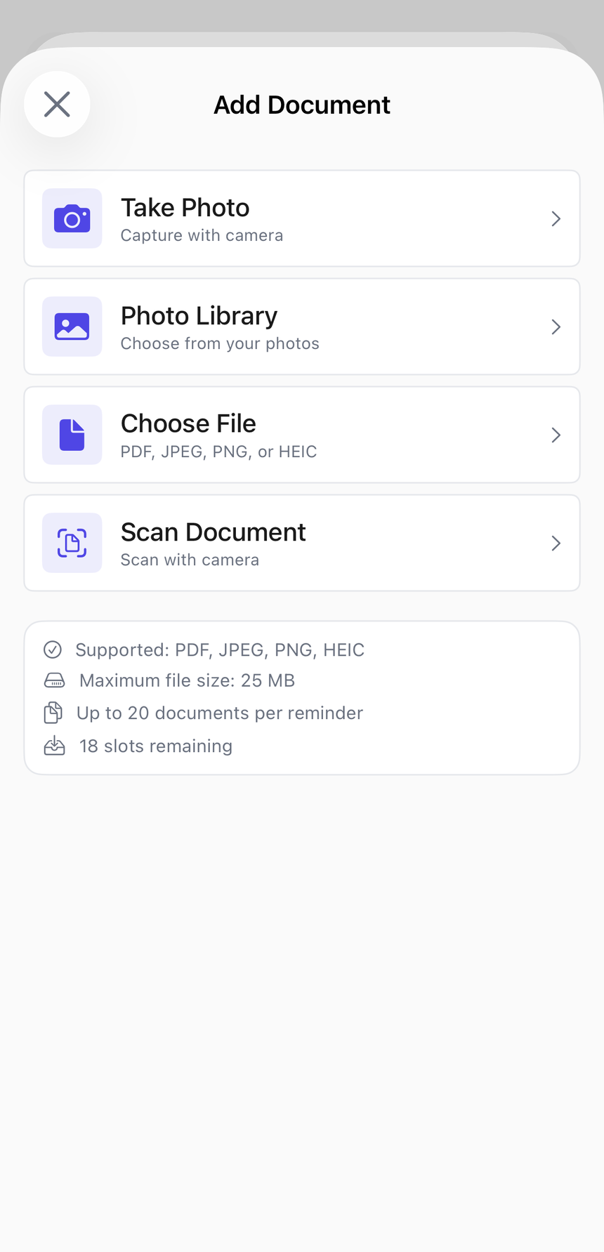 The Add Document menu with four options — Take Photo, Photo Library, Choose File, and Scan Document — each marked with a numbered callout.