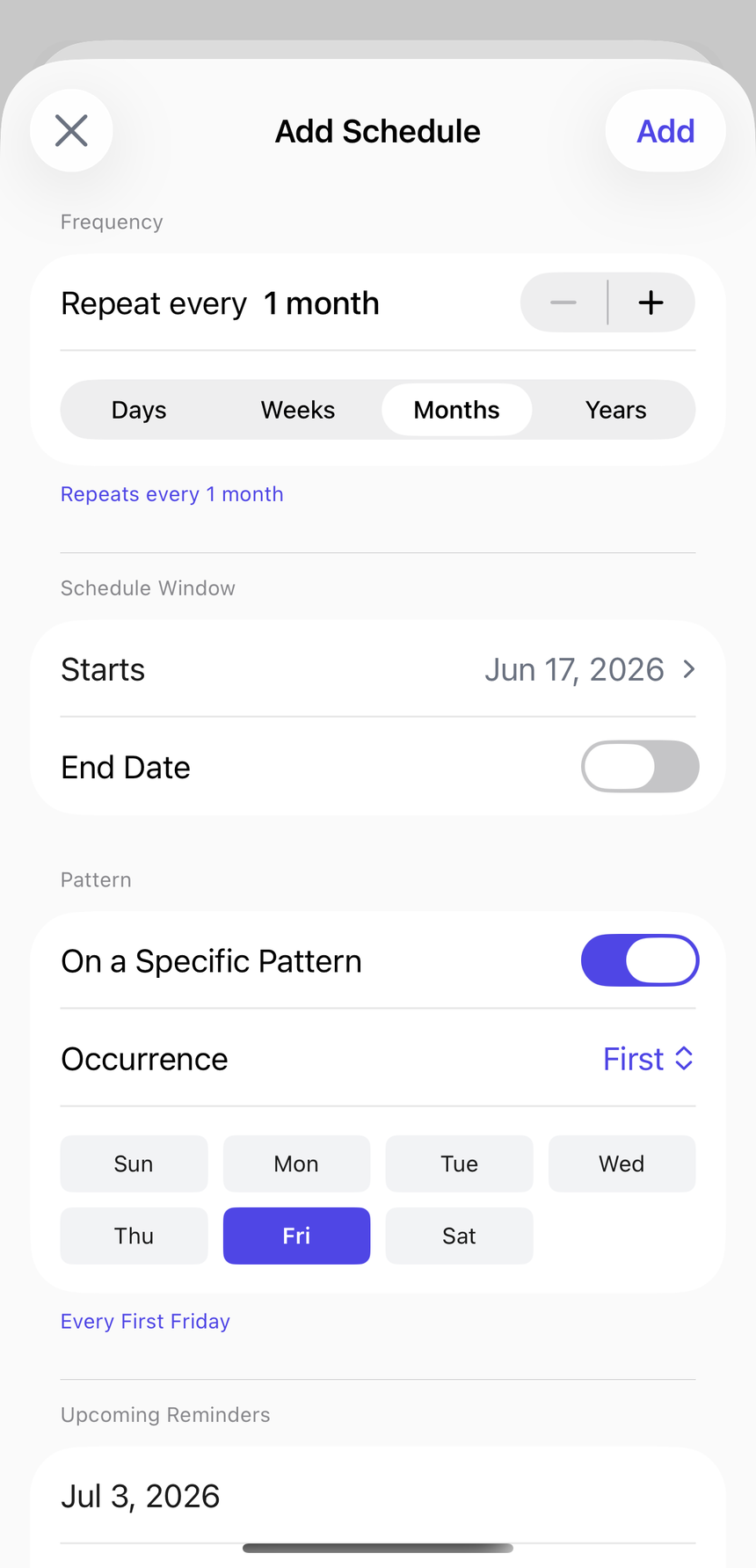 The Add Schedule editor showing 'Repeat every 1 month' with the Months unit selected and a 'First Friday' weekday pattern; numbered callouts mark the interval, the unit, and the weekday rule.